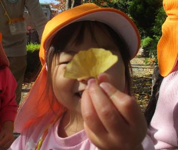 銀杏の葉を見せる子ども