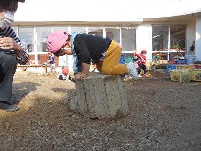 丸太の上に登る子ども