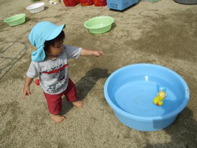タライを指差す子ども