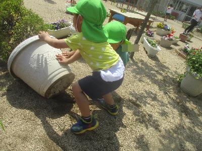 同じように虫を探し始める3歳児