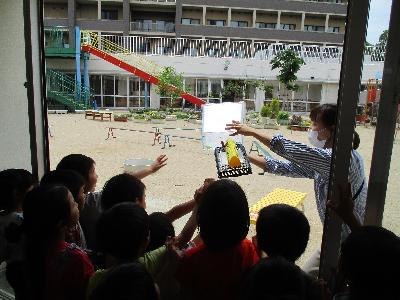 チョウを外の世界に逃がしている子ども達