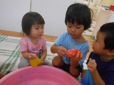 寒天を袋に入れて見比べる
