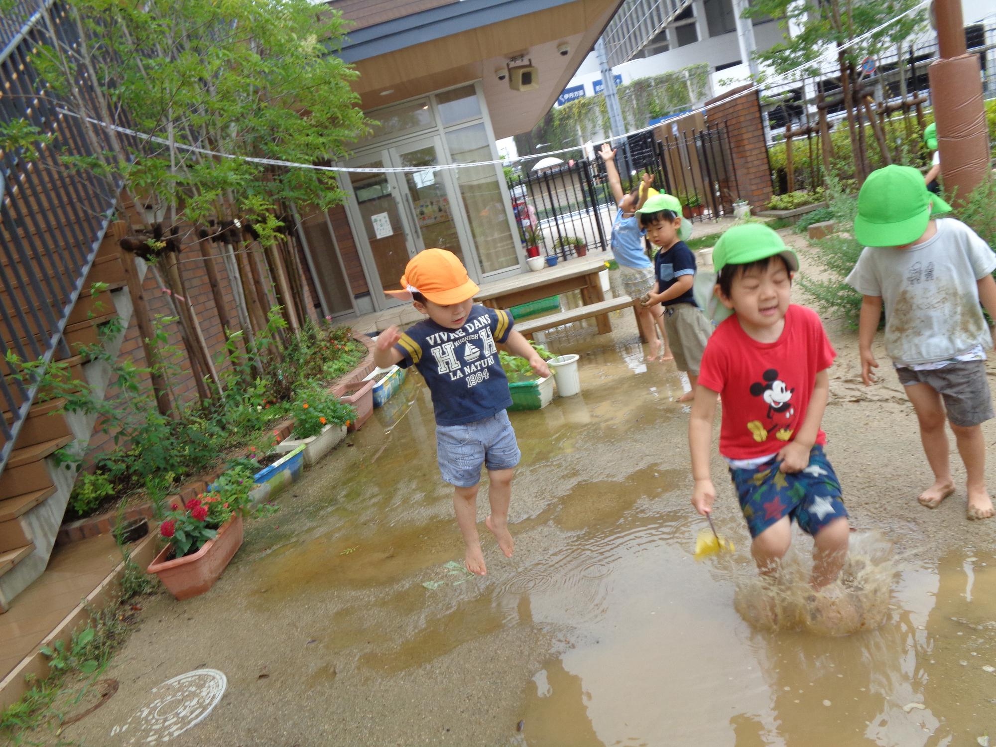 水たまりにジャンプ