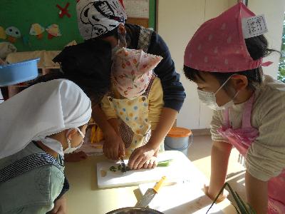 青ネギを包丁で切る