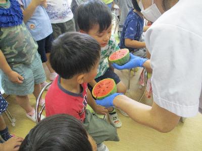5歳児が切ったスイカの中身を見たり匂いを嗅いだりしている