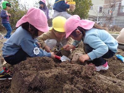 土の中から虫を見つける子ども